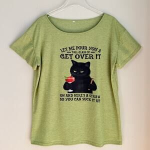 Sassy Black Cat Graphic Tee Cocktail Tall Glass Of Get Over It Green XL Humor